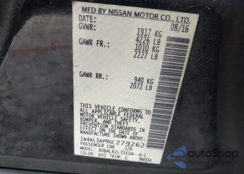 2016 Nissan Altima 2.5 Sl z USA, uszkodzony, nr VIN 1N4AL3AP9GC279262